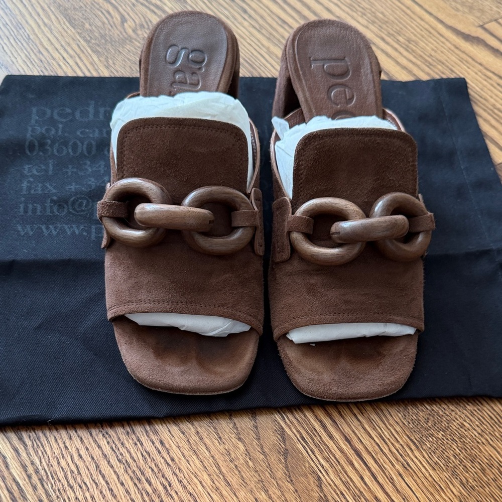Pedro Garcia Brown Suede Slide Sandals with Chain Detail